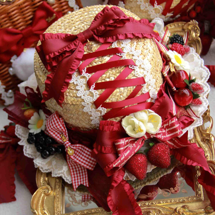 ロリータ 麦わら帽子 帽子 ヘアアクセサリー いちご 田園風 かわいい ハンドメイド 甘ロリ パーティー ハロウィン お茶会 イベント コスプレ ロリータファッション お嬢様 レース リボン ロリィタ ワインレッド HD ヘドレ