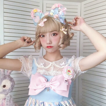ロリータ ヘアバンド カチューシャ ハンドメイド テディベア 選べる13色 クマ もふもふ 甘ロリ レディース 熊の耳 kc ヘアアクセサリー 手作り ロリィタ Lolita コテロリ かわいい