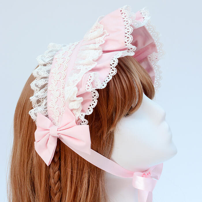即納 待望 ロリータ ヘアバンド カチューシャ ヘッドドレス かわいい 可愛い 多層レース フリル ピンク 豪華 コーディネート 姫 Lolita 少女 ロリィタ リボン 白