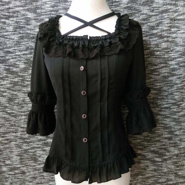 ブラウスロリータ春夏七分袖姫袖レディースレースゴシックゴスロリシフォンコスプレコスチューム3カラーパーティースクエアネック着まわしコーデロリィタLolitaガーリーゆめかわいい可愛いフェミニンリボンフリルホワイトブラックアイボリー