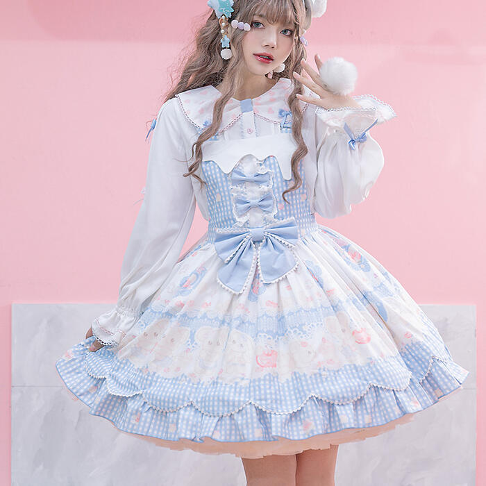 ロリィタ ジャンパースカート レディース ロリータ キャミソール ワンピース 夏 新商品 Lolita ドレス ゆめかわいい 甘ロリ こぐま チェック サスペンダー 可愛い スカート ふんわり ドレス リボン 日常 普段着 お出かけ 衣装 パーティー お茶会 コスプレ ライトブルー