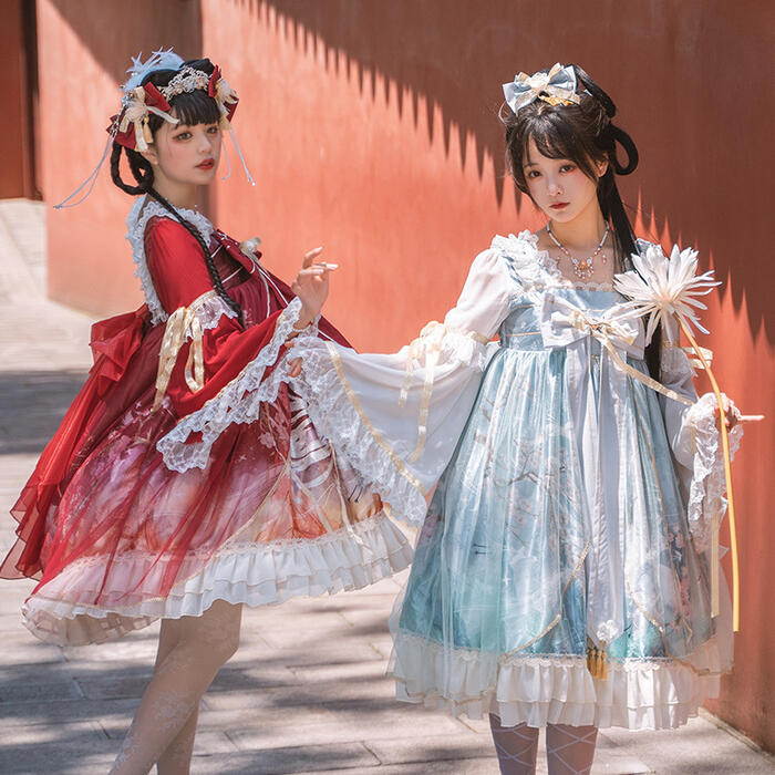 ロリータワンピースLolitaチャイナドレス中華風ロリィタ漢服重厚感華やかレディース衣装2色コスチュームハロウィン姫かわいいウエディングドレス長袖ダブルロング袖OPヘッドドレスツインスタイルハイウエストリボンレースフリルふんわり