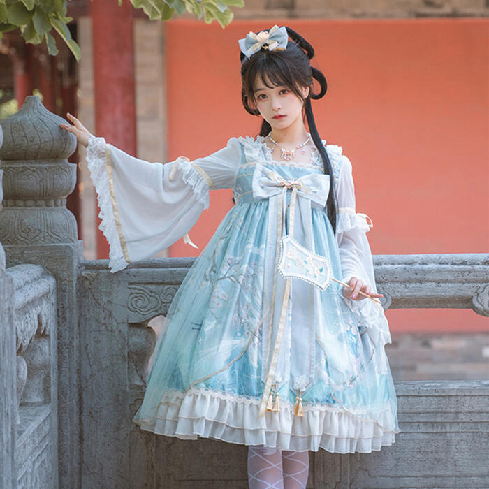 ロリータワンピースLolitaチャイナドレス中華風ロリィタ漢服重厚感華やかレディース衣装2色コスチュームハロウィン姫かわいいウエディングドレス長袖ダブルロング袖OPヘッドドレスツインスタイルハイウエストリボンレースフリルふんわり