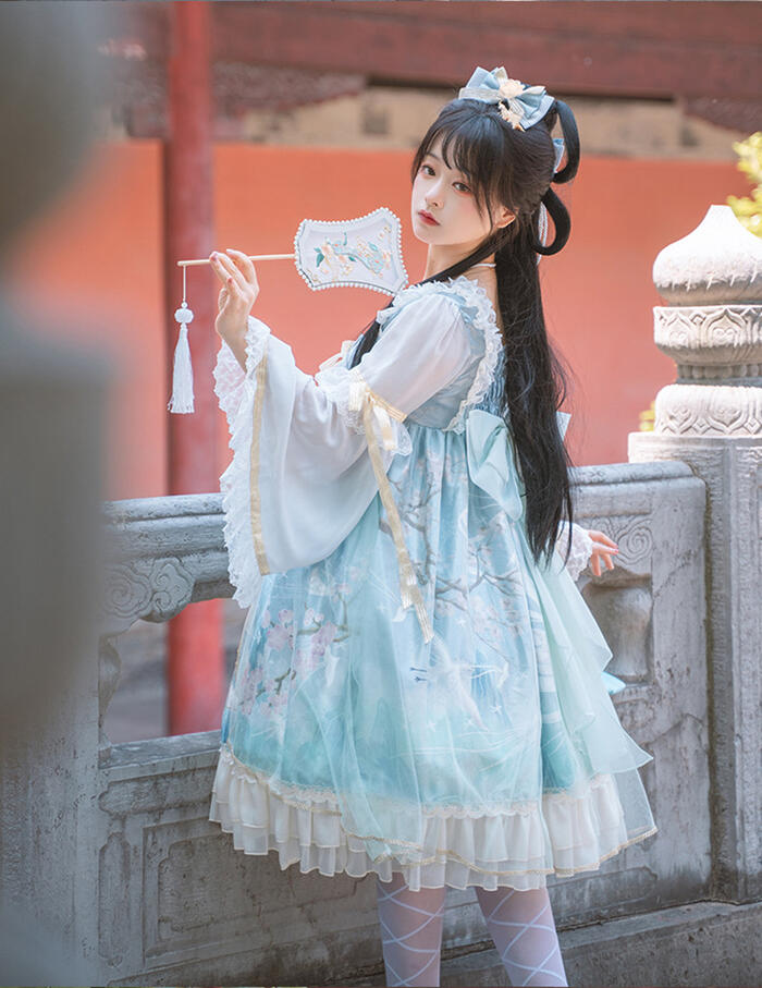 ロリータワンピースLolitaチャイナドレス中華風ロリィタ漢服重厚感華やかレディース衣装2色コスチュームハロウィン姫かわいいウエディングドレス長袖ダブルロング袖OPヘッドドレスツインスタイルハイウエストリボンレースフリルふんわり