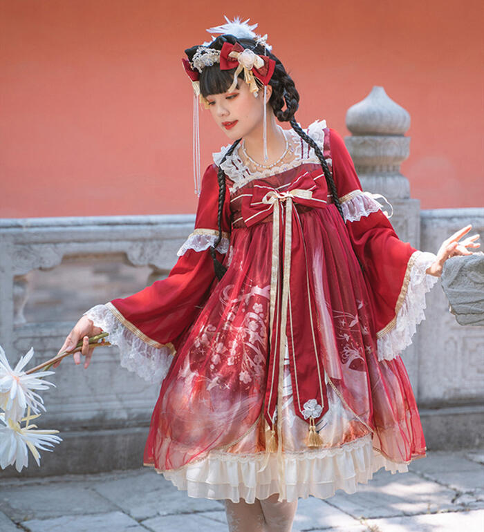 ロリータワンピースLolitaチャイナドレス中華風ロリィタ漢服重厚感華やかレディース衣装2色コスチュームハロウィン姫かわいいウエディングドレス長袖ダブルロング袖OPヘッドドレスツインスタイルハイウエストリボンレースフリルふんわり