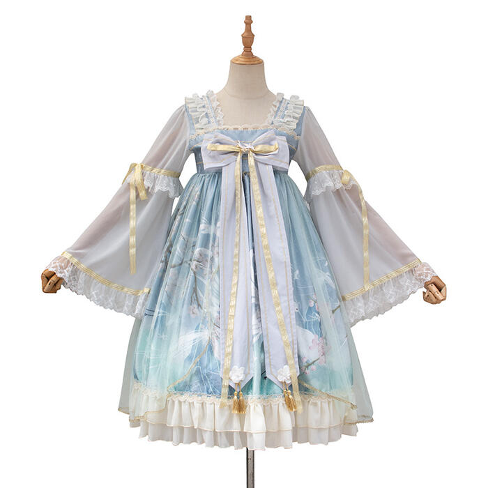 ロリータワンピースLolitaチャイナドレス中華風ロリィタ漢服重厚感華やかレディース衣装2色コスチュームハロウィン姫かわいいウエディングドレス長袖ダブルロング袖OPヘッドドレスツインスタイルハイウエストリボンレースフリルふんわり