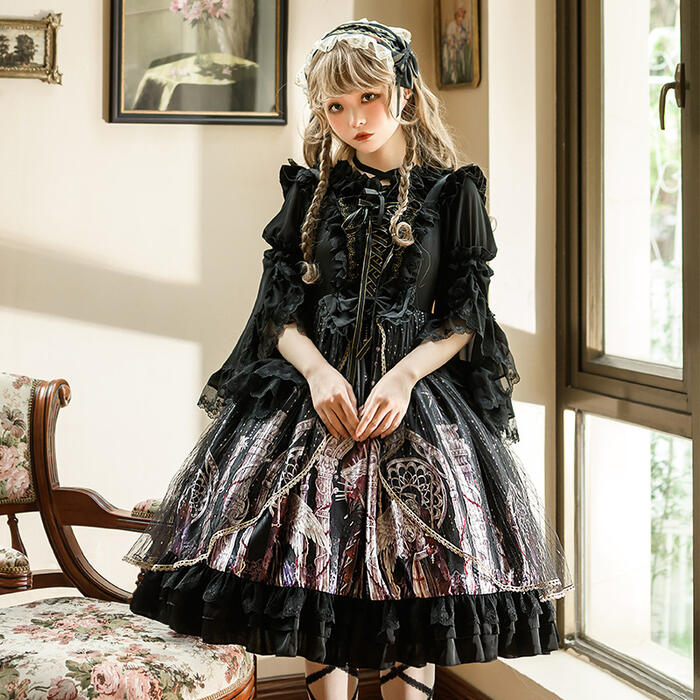 レディース ワンピース ロリータ ロリィタ Lolita ゴシック ゴスロリ お姫様 ドレス ブラック ベージュ ゆめかわいい ノースリーブ キャミソールワンピ JSK ジャンパースカート 華やか 可愛い リボン レース フレア ふんわり コスプレ ハロウィン パーティー