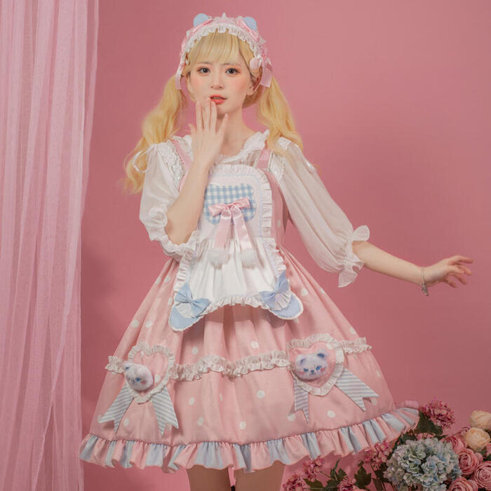 ロリータ メイド服 ワンピース エプロン付 ジャンパースカート ショート丈 メイド お姫様 ロリータドレス 姫 クマ ぬ…