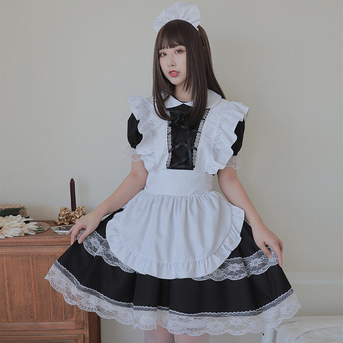 エレガンス　エプロン メイド服 ワンピース エプロン 3点セット 半袖 豪華セット 白黒 メイド 定番 萌え コスプレ ロリータ 衣装 仮装 女装 カチューシャ フリル ロリィタ Lolita ゴスロリ かわいい キュート 清楚 可憐 甘ロリ ゆめかわいい エレガンス ウェイトレス レディース メイドカフェ