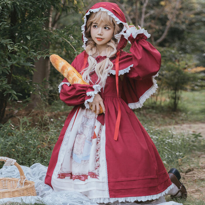 ロリータ 赤ずきんちゃん ジャンパースカート ポンチョ 2点セット ゴスロリ コスプレ衣装 グリム童話 Lolita リボン ワンピース マント セットアップ フリル ロリィタ 甘ロリ カジュロリ レディース 学園祭 文化祭 可愛い ロリータ風ワンピ