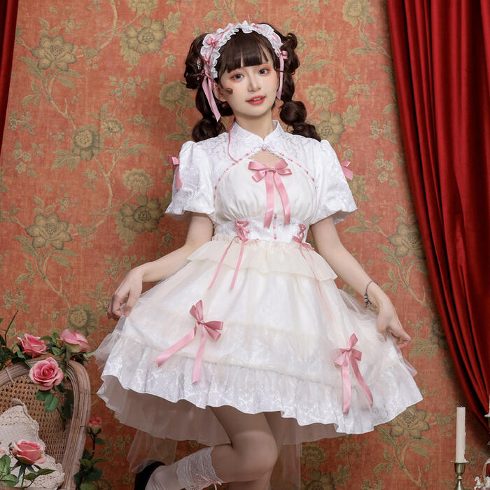 中華ロリータ ワンピース ドレス 半袖 メイド服 ゴスロリ チャイナ服 ゆめかわいい ゴシックロリータ 天使 小悪魔 中華風 姫 白 黒 3色 双子コーデ チュール ふんわり リボン コスプレ衣装 原宿系 ステージ衣装 学園祭 文化祭