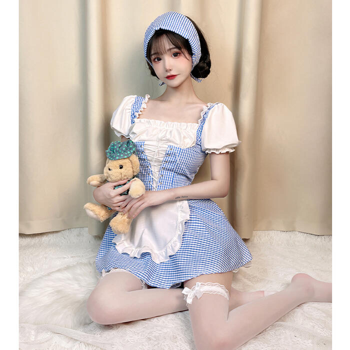 メイド服 ワンピース 上質 半袖 カチューシャ付き エプロン コスプレ衣装 ロリータ セクシー ピュア 清純 可愛い リボン ミニワンピース レディース コスチューム 制服 ブルーチェック柄 ロリィタ カフェ 髪飾り付き ルームウェア パーティー 萌え 仮装 イベント