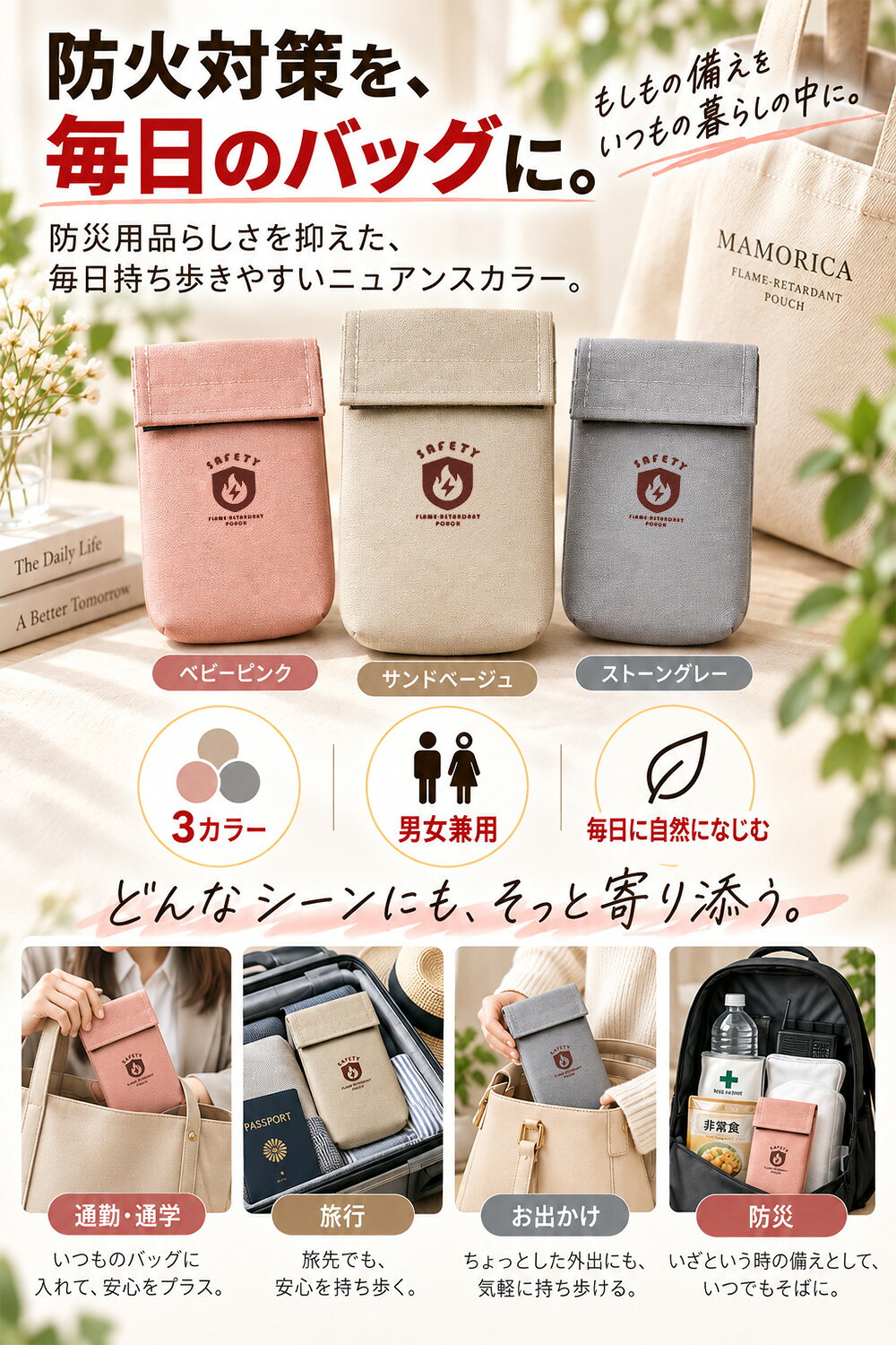 【防災士監修】モバイルバッテリー ケース 耐火 MAMORICA 防火ケース 防火袋 防炎ポーチ 難燃ポーチ 発火対策 燃えない 第三者機関燃焼試験済 リチウムイオン ハンディファン ガジェットポーチ 防災グッズ 3層構造 安全 くすみカラー ニュアンスカラー かわいい おしゃれ alice00-10005188 インポートショップ アリス サンプル画像2