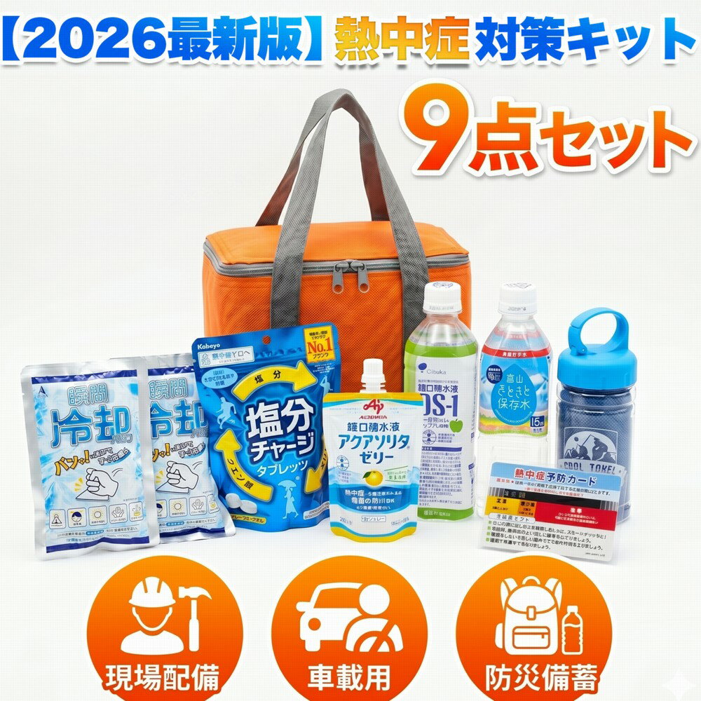 熱中症対策キット 9点セット クーラーバッグ付き 熱中症対策セット 熱中症予防キット 熱中症対策グッズ 工事現場 スポーツ アウトドア 長時間 農作業 最強 暑さ対策 応急処置 冷却タオル 瞬間冷却剤 塩分補給 経口補水液 水分ゼリー フェス 2026年版 レビュー特典あり13（楽天・インポートショップ アリス）