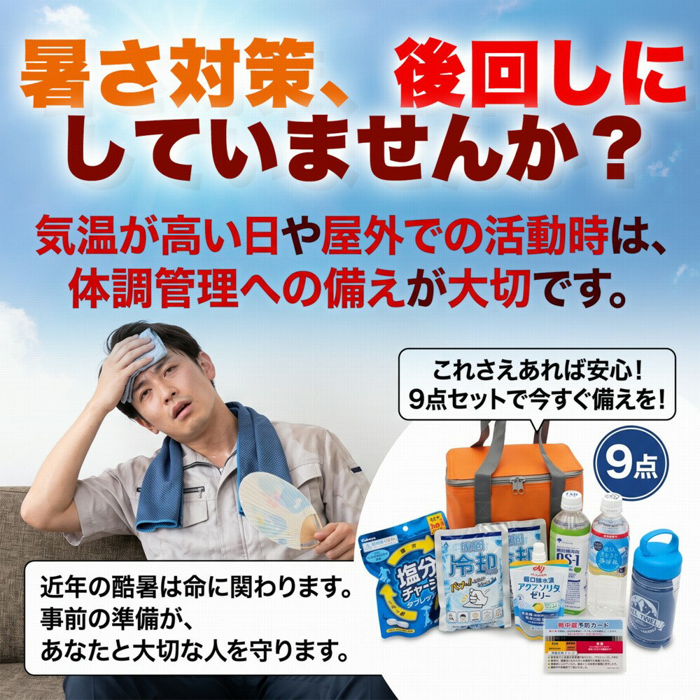 熱中症対策キット 9点セット クーラーバッグ付き 熱中症対策セット 熱中症予防キット 熱中症対策グッズ 工事現場 スポーツ アウトドア 長時間 農作業 最強 暑さ対策 応急処置 冷却タオル 瞬間冷却剤 塩分補給 経口補水液 水分ゼリー フェス 2026年版 レビュー特典あり13 3