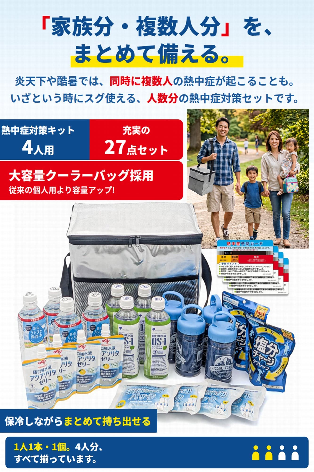 防災 備蓄 熱中症対策キット 27点セット 4人用 22Lクーラーバッグ付き 暑さ対策グッズ 経口補水液 瞬間冷却パック クールタオル 塩分タブレット 保存水 災害 法人 工事現場 屋外作業 alice00-10005132 インポートショップ アリス サンプル画像3