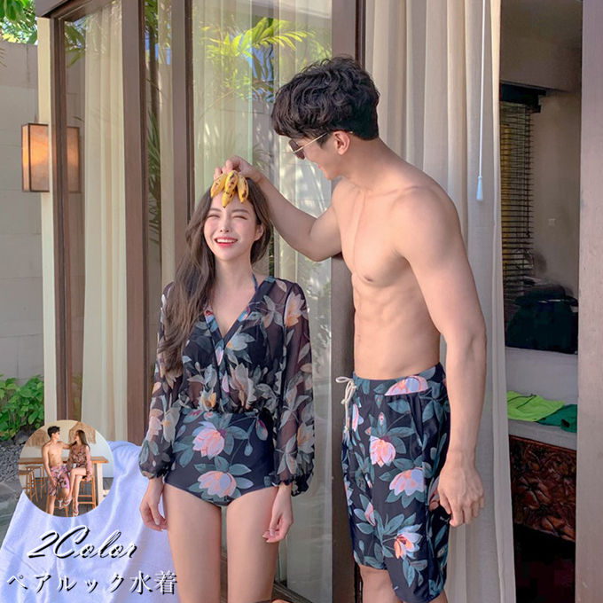 樂天商城 - 水着 カップル 男女 ペアルック水着 メンズ レディース 体型カバー プリント サーフパンツ 競泳 海パン セクシー 吸汗速乾 接触冷感 水陸両用 UVカット 綺麗 送料無料