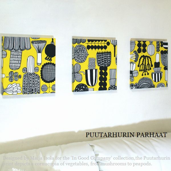 北欧 ファブリックパネル 廃盤 marimekko PUUTARHURIN PARHAAT 30×30cm 3枚セット イエロー マリメッコ おしゃれ 来客 新築祝い プレゼント ギフト アートパネル