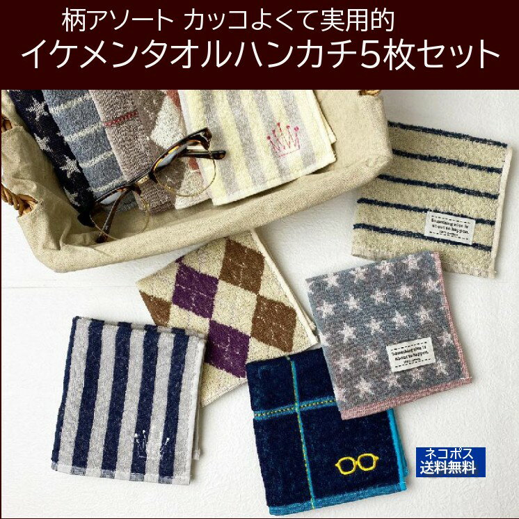 イケメンタオルハンカチ5枚セット(ラッピング袋入)アソート5枚入【タオルハンカチ】メンズハンカチタオル