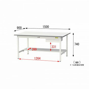 山金工業(YamaTec) SUP-1590UT-WW ワークテーブル150シリーズ 固定式 キャビネット付 (H740mm) 1500×900mm (半面棚板付) [2]