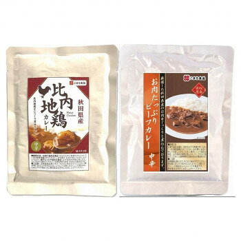 ■北海道・沖縄・離島へのお届けは別途送料を請求させていただきます。 ■製品の仕様・画像・パッケージは、変更される場合があります。 ■当店では在庫をメーカーと共有しており、商品によっては欠品の場合がございます。 　万一、ご注文頂きました商品が欠品の場合はご連絡させていただきます。 ■ご注文確定後のキャンセル不可です。 ■ラッピング（包装）対応不可です。比内地鶏カレー(中辛)は秋田県産比内地鶏を使用。地鶏から取ったスープで仕上げた味わい深い中辛口のカレーです。比内地鶏の肉は噛むほどに旨みが溢れます。ビーフカレー(中辛)は厳選した国産(秋田県産)のお肉をじっくりと煮込み、やわらか?く仕上げました。ボリュームもたっぷり!【調理方法】沸騰したお湯の中にそのまま封を切らずに入れ、7?8分加熱後お召し上がりください。【使用上のご注意】※加熱直後は熱いので、やけどに気を付けてください。※電子レンジをご使用の際は、必ず他の容器に移し替え、ラップをかけて温めてください。※開封時に切り口で手を切らないようにご注意ください。※開封後は速やかにお召し上がりください。内容量地鶏カレー:150g、ビーフカレー:200gサイズ個装サイズ：95.0×32.0×32.0cm重量個装重量：500g仕様賞味期間：製造日より360日生産国日本 広告文責（ホライズン・03-5843-9512)栄養成分【比内地鶏カレー(中辛)】栄養成分表示(1食分(150g)あたり)エネルギー:167kcalたんぱく質:7.2g脂質:8.6g炭水化物:15.2g食塩相当量:2.1g【ビーフカレー(中辛)】栄養成分表示(1食分(200g)あたり)エネルギー:220kcalたんぱく質:17.0g脂質:9.4g炭水化物:16.6g食塩相当量:2.0g原材料名称：カレー【比内地鶏カレー(中辛)】鶏肉(秋田県産)、オニオンソテー(大豆を含む)、トマトペースト、小麦粉、パーム油、カレー粉、砂糖、デキストリン、野菜(玉ねぎ、しょうが、にんにく)、食塩、チキンエキス、香辛料、だし醤油(大豆・小麦を含む)、たん白加水分解物(小麦・大豆を含む)/調味料(アミノ酸等:大豆由来)、カラメル色素、増粘剤(キサンタン)、酸味料【ビーフカレー(中辛)】牛肉(秋田県産)、オニオンソテー(大豆を含む)、小麦粉、食用油脂(パーム油、牛脂)、カレー粉、砂糖、野菜(玉ねぎ、しょうが、にんにく)バター(乳成分を含む)食塩、トマトケチャップ、トマトペースト、チャツネ(りんご・大豆を含む)、チキンエキス、だし醤油(大豆・小麦を含む)、香辛料、デキストリン、粉末ワイン(りんごを含む)、たん白加水分解物(小麦・大豆を含む)/調味料(アミノ酸等:大豆由来)、増粘多糖類、カラメル色素、酸味料、アルコール、ビタミンCアレルギー表示乳、小麦、牛肉、大豆、鶏肉、りんご（原材料の一部に含んでいます）保存方法直射日光を避け、常温で保存してください。製造（販売）者情報販売者:こまち食品工業株式会社秋田県山本郡三種町外岡字逆川111fk094igrjs