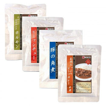 ■北海道・沖縄・離島へのお届けは別途送料を請求させていただきます。 ■製品の仕様・画像・パッケージは、変更される場合があります。 ■当店では在庫をメーカーと共有しており、商品によっては欠品の場合がございます。 　万一、ご注文頂きました商品が欠品の場合はご連絡させていただきます。 ■ご注文確定後のキャンセル不可です。 ■ラッピング（包装）対応不可です。秋田県産のお肉を使用した惣菜のセットです。※この商品はクリックポストでのお届けとなります。そのため、配送日時の指定はできません。※他の商品と同梱はできません。※加熱直後は熱いので、やけどに気を付けてください。※電子レンジをご使用の際は、必ず他の容器に移し替え、ラップをかけて温めてください。※開封時に切り口で手を切らないようにご注意ください。※開封後は速やかにお召し上がりください。サイズ個装サイズ：22.8×31.2×2.5cm重量個装重量：900g仕様賞味期間：製造日より360日セット内容・やわらか味噌煮込みホルモン(豚) 200g ×1食・ビーフシチュー 170g ×1食・豚の角煮 150g ×1食・ビーフカレー(中辛) 200g ×1食生産国日本 広告文責（ホライズン・03-5843-9512)保存方法直射日光を避け、常温で保存してください。製造（販売）者情報【販売者】こまち食品工業株式会社　秋田県山本郡三種町外岡字逆川111【製造所】株式会社秋田県庶務肉流通公社　秋田県秋田市河辺神内字堂坂2-1fk094igrjs