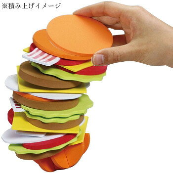 ■北海道・沖縄・離島へのお届けは別途送料を請求させていただきます。 ■製品の仕様・画像・パッケージは、変更される場合があります。 ■当店では在庫をメーカーと共有しており、商品によっては欠品の場合がございます。 　万一、ご注文頂きました商品が欠品の場合はご連絡させていただきます。 ■ご注文確定後のキャンセル不可です。 ■ラッピング（包装）対応不可です。バンズ(土台)の上に、レタスや目玉焼き、トマトなど具材をバランスよく積み上げていく楽しいパーティーゲームです。家族や友達と一緒に盛り上がれるアイテムで、子どもから大人まで夢中になれること間違いなし。遊びながら手先の器用さや集中力を鍛えられる楽しいおもちゃです。サイズ具材パーツ(EVAシート):160×160×6mm・180×180×6mm・180×180×3mm・180×160×10mm・200×200×6mm、シール:150×210mm個装サイズ：3×25.5×25cm重量個装重量：111g素材・材質EVAセット内容具材パーツ(EVAシート)×6、シール×1生産国中国 広告文責（ホライズン・03-5843-9512)fk094igrjs