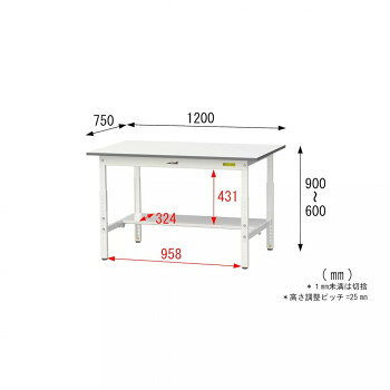 YamaTec SUPA-1275T-WW+UK-1200-W ワークテーブル 150シリーズ 高さ調整(H600〜900mm) (半面棚板付き)+150シリーズ用架台 [2]
