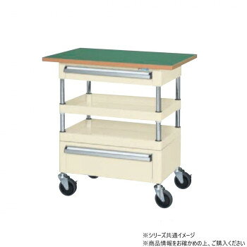■北海道・沖縄・離島へのお届けは別途送料を請求させていただきます。 ■製品の仕様・画像・パッケージは、変更される場合があります。 ■当店では在庫をメーカーと共有しており、商品によっては欠品の場合がございます。 　万一、ご注文頂きました商品が欠品の場合はご連絡させていただきます。 ■ご注文確定後のキャンセル不可です。 ■ラッピング（包装）対応不可です。棚板を逆さにするだけで、皿型・フラット型と組み替えることができます。静粛性・始動性に優れるサイレントエラストマー車を採用。引出し・天板付であらゆる作業をサポートします。※配達希望日の明記は可能ですが、確約ではございません。※この商品は6個口での出荷になります。(目安個装サイズ:110×805×45mm:3.1kg/260×210×85mm:2.15kg/420×625×50mm:4.2kg/520×795×30mm:5.4kg/455×645×110mm:9.25kg/455×645×185mm:12.45kg)※お届けは車上渡しとなります。※搬入場所の状況等によって搬入制限や追加料金が生じる場合があります。※法人への配送の場合は、必ず法人名をご記載ください。サイズ個装サイズ：11×81×5cm重量個装重量：3100g仕様外寸:W750×D500×H900mm棚板サイズ:W600×D400mm均等耐荷重:130kg本体色:アイボリー質量:36kgキャスター:100φサイレントエラストマー車段数:2+天板付天板種類:サカエリューム天板天板カラー:グリーン天板厚:21mm支柱:クロムメッキ25.4φ、棚板調整ピッチ50mm引出し:浅引出し(有効内寸法W478×D318×H64mm)1段、深引出し(有効内寸法W478×D318×H143mm)1段組立式生産国日本 広告文責（ホライズン・03-5843-9512)fk094igrjs