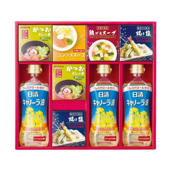 ■北海道・沖縄・離島へのお届けは別途送料を請求させていただきます。 ■製品の仕様・画像・パッケージは、変更される場合があります。 ■当店では在庫をメーカーと共有しており、商品によっては欠品の場合がございます。 　万一、ご注文頂きました商品が欠品の場合はご連絡させていただきます。 ■ご注文確定後のキャンセル不可です。 ■ラッピング（包装）対応不可です。キャノーラ油、かつおだしの素、焼き塩など、いつもの料理の味わいを豊かにする調味料を詰合せた和食、洋食、中華と幅広く使って頂けるバラエティ調味料ギフトです。【食品名称】日清キャノーラ油:食用なたね油、マルトモかつおだしの素:風味調味料(かつお)、焼き塩:塩、鶏がらスープ:ガラスープ(調味料)、コンソメスープ:乾燥スープ(コンソメ)サイズ個装サイズ：35×32×6cm重量個装重量：1800g仕様賞味期間：製造日より540日セット内容日清キャノーラ油350g×3本・マルトモかつおだしの素(4g×6袋)・焼き塩(20g×2袋)各2箱・鶏がらスープ(20g×2袋)・コンソメスープ(20g×2袋)各1箱生産国日本 広告文責（ホライズン・03-5843-9512)栄養成分かつおだしの素1袋(4g)当たりエネルギー:9kcal、たんぱく質:1.0g、脂質:0.02g、炭水化物:1.3g、食塩相当量:1.6g焼き塩(100g)当たりエネルギー:0kcal、たんぱく質:0g、脂質:0g、炭水化物:0g、食塩相当量:98g、カルシウム:110mg、カリウム:30mg、マグネシウム:130mgコンソメスープ1袋(5g)当たりエネルギー:10kcal、たんぱく質:0.75g、脂質:0.3g、炭水化物:1.1g、食塩相当量:2.7g鶏がらスープ1袋(5g)当たりエネルギー:11kcal、たんぱく質:0.8g、脂質:0.3g、炭水化物:1.25g、食塩相当量:2.5g日清キャノーラ油(大さじ1杯(14g)当たり)熱量:126kcal、たんぱく質:0g、脂質:14g、炭水化物:0g、ナトリウム:0mg、コレステロール:0　飽和脂肪酸含有割合7%原材料(マルトモかつおだしの素)食塩(国内製造、韓国製造)、砂糖類(グラニュー糖、乳糖)、風味原料(かつおぶし粉末、かつおエキス)/調味料(アミノ酸等)(焼き塩)天日海塩(メキシコまたはオーストラリア)、海水(日本)(国内製造)(コンソメスープ)食塩(国内製造)、砂糖、香味食用油脂、粉末しょうゆ、たん白加水分解物、香辛料、野菜エキスパウダー、酵母エキスパウダー、粉末油脂、デキストリン、チキンエキスパウダー、粉末酢、でん粉、ぶどう糖/調味料(アミノ酸等)、カラメル色素、酸味料、香料、(一部に乳成分・小麦・ごま・大豆・鶏肉・豚肉を含む)(鶏がらスープ)食塩(国内製造)、乳糖、ガラスープパウダー、動物油脂、たん白加水分解物、粉末油脂、酵母エキス、粉末しょうゆ、野菜エキスパウダー、チキンエキスパウダー、香辛料、でん粉/調味料(アミノ酸等)、カラメル色素、(一部に乳成分・小麦・豚肉・鶏肉・ごま・大豆を含む)(日清キャノーラ油)食用なたね油アレルギー表示乳、小麦、牛肉、さば、大豆、鶏肉、豚肉、ゼラチン（原材料の一部に含んでいます）保存方法常温保存製造（販売）者情報日清キャノーラ油:日清オイリオグループ株式会社マルトモかつおだしの素・焼き塩・鶏がらスープ・コンソメスープ:アピデ株式会社fk094igrjs