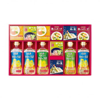 ■北海道・沖縄・離島へのお届けは別途送料を請求させていただきます。 ■製品の仕様・画像・パッケージは、変更される場合があります。 ■当店では在庫をメーカーと共有しており、商品によっては欠品の場合がございます。 　万一、ご注文頂きました商品が欠品の場合はご連絡させていただきます。 ■ご注文確定後のキャンセル不可です。 ■ラッピング（包装）対応不可です。キャノーラ油、かつおだしの素、焼き塩など、いつもの料理の味わいを豊かにする調味料を詰合せた和食、洋食、中華と幅広く使って頂けるバラエティ調味料ギフトです。【食品名称】日清キャノーラ油・日清ヘルシーキャノーラ油:食用なたね油、マルトモかつおだしの素:風味調味料(かつお)、焼き塩:塩、鶏がらスープ:ガラスープ(調味料)、コンソメスープ:乾燥スープ(コンソメ)サイズ個装サイズ：51×32×7cm重量個装重量：2900g仕様賞味期間：製造日より540日セット内容日清キャノーラ油3本・日清ヘルシーキャノーラ油2本・各350g・マルトモかつおだしの素(4g×6袋)・焼き塩(20g×2袋)・鶏がらスープ(20g×2袋)・コンソメスープ(20g×2袋)各2箱生産国日本 広告文責（ホライズン・03-5843-9512)栄養成分かつおだしの素1袋(4g)当たりエネルギー:9kcal、たんぱく質:1.0g、脂質:0.02g、炭水化物:1.3g、食塩相当量:1.6g焼き塩(100g)当たりエネルギー:0kcal、たんぱく質:0g、脂質:0g、炭水化物:0g、食塩相当量:98g、カルシウム:110mg、カリウム:30mg、マグネシウム:130mgコンソメスープ/鶏がらスープ1袋(5g)当たりエネルギー:10kcal/11kcal、たんぱく質:0.75g/0.8g、脂質:0.3g、炭水化物:1.1g/1.25g、食塩相当量:2.7g/2.5g日清キャノーラ油日清ヘルシーキャノーラ油※(大さじ1杯(14g)当たり)熱量:126kcal、たんぱく質:0g、脂質:14g、炭水化物:0g、ナトリウム:0mg、コレステロール:0　飽和脂肪酸含有割合7%※飽和脂肪酸:1g、食塩相当量:0、ビタミンE:4.4mg原材料(マルトモかつおだしの素)食塩(国内製造、韓国製造)、砂糖類(グラニュー糖、乳糖)、風味原料(かつおぶし粉末、かつおエキス)/調味料(アミノ酸等)(焼き塩)天日海塩(メキシコまたはオーストラリア)、海水(日本)(国内製造)(コンソメスープ)食塩(国内製造)、砂糖、香味食用油脂、粉末しょうゆ、たん白加水分解物、香辛料、野菜エキスパウダー、酵母エキスパウダー、粉末油脂、デキストリン、チキンエキスパウダー、粉末酢、でん粉、ぶどう糖/調味料(アミノ酸等)、カラメル色素、酸味料、香料、(一部に乳成分・小麦・ごま・大豆・鶏肉・豚肉を含む)(鶏がらスープ)食塩(国内製造)、乳糖、ガラスープパウダー、動物油脂、たん白加水分解物、粉末油脂、酵母エキス、粉末しょうゆ、野菜エキスパウダー、チキンエキスパウダー、香辛料、でん粉/調味料(アミノ酸等)、カラメル色素、(一部に乳成分・小麦・豚肉・鶏肉・ごま・大豆を含む)(日清キャノーラ油)食用なたね油、(日清ヘルシーキャノーラ油)食用なたね油(国内製造)/ビタミンEアレルギー表示乳、小麦、牛肉、さば、大豆、鶏肉、豚肉、ゼラチン（原材料の一部に含んでいます）保存方法常温保存製造（販売）者情報日清キャノーラ油・日清ヘルシーキャノーラ油:日清オイリオグループ株式会社マルトモかつおだしの素・焼き塩・鶏がらスープ・コンソメスープ:アピデ株式会社fk094igrjs