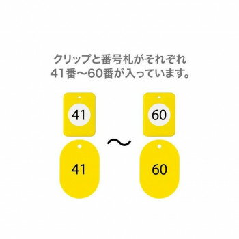 ■北海道・沖縄・離島へのお届けは別途送料を請求させていただきます。 ■製品の仕様・画像・パッケージは、変更される場合があります。 ■当店では在庫をメーカーと共有しており、商品によっては欠品の場合がございます。 　万一、ご注文頂きました商品が欠品の場合はご連絡させていただきます。 ■ご注文確定後のキャンセル不可です。 ■ラッピング（包装）対応不可です。クリップ+番号札。20番単位で購入できます。サイズクリップ:W33×D46×H27mm、番号札:W40×D60×H2.7mm個装サイズ：13×21×3cm重量16.7g個装重量：377g素材・材質番号札:再生樹脂クリップ:樹脂仕様41〜60番生産国日本 広告文責（ホライズン・03-5843-9512)fk094igrjs