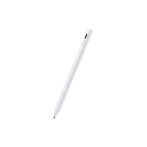 ■商品内容■スイッチを長押しするだけで、iPadモードとその他のスマートフォン・タブレットに使える汎用モードに切り替えられる、アクティブタッチペンです。■※全てのタッチパネル電子端末での動作を保証するものではありません。■LEDランプが、iPadモードは青、汎用モードは緑に光るので、使い分けが簡単です。■ペン先が約1.5mmと極細なので、繊細な描き込みができます。■ペン先は導電性に優れたポリアセタールを採用しているので、ペン先が滑りやすく、ゴムに比べて耐久性に優れており、金属に比べて液晶画面を傷つけにくい素材です。■従来品では反応しづらかったガラスフィルムの上からでもストレスなく滑らかな操作が可能です。■iPadモードでは、手が触れても誤動作しないパームリジェクション対応です。■タッチペンの側面にあるマグネット面がフラットになっていて、タブレットなどにぴったりと接着しやすく、テーブルや床に置いても転がりにくい形状です。■※鉄などマグネットが付く素材に限ります。■※タブレットに装着するケースによっては、タブレット本体の磁石部分が隠れてしまい、本製品を付けられない場合があります。■タッチ操作はもちろん、スライド、スワイプ操作も快適に行えます。■指先でのタッチ操作と違い、液晶画面を汚さずに操作可能です。■※液晶保護フィルムをご使用の際は、タッチペンの跡が残る恐れがあります。■※液晶保護フィルムの種類によっては、操作時にこすれ音が生じたり、タッチペンの反応が悪くなったりすることがあります。■ペアリングなどは不要で、電源をオンにするだけですぐに使用できます。■iPadモードは約8時間、汎用モードは約12時間の連続使用が可能です。■※ご使用状態によっては、この目安の時間よりも早く、充電時間が必要となる場合があります。■3つのLEDランプでバッテリーの残量がわかります。■充電コネクターは、USB Type-C(TM)です。■USB Type-C(TM)ケーブルが付属しています。■※本製品にACアダプター(AC充電器等)は付属していないため、出力5V/500mA以上のUSB出力アダプターを別途ご用意ください。■5分間操作しない状態が続くとオートスリープ機能が働き、電源の消し忘れを防ぎます。■※オートスリープは振動感知式です。タッチペンのスイッチをオンにした状態でポケットやカバンに入れた際に振動を感知してオートスリープが動作しない場合があります。■ペン先が劣化した際には、別売のペン先「タッチペン交換用ペン先(充電式)(P-TIPACST02)」と交換できて快適な操作感を維持できます。■商品スペック■対応機種 : 汎用モード : 各種スマートフォン・タブレット ※全てのタッチパネル電子端末での動作を保証するものではありません。iPadモード : 2018年以降のすべてのiPadに対応。(2022年7月現在)■外形寸法 : 全長 : 約155mm、直径 : 約9.5mm、ペン先 : 約1.5mm■材質 : ペン先 : ポリアセタール、本体 : アルミニウム■カラー : ホワイト■質量 : 約14g■電池 : リチウムイオン電池■使用時間 : 連続使用 : 汎用モード 約12時間、iPadモード 約8時間 ※ご使用状態によっては、この目安の時間よりも早く、充電が必要となる場合があります。■充電時間 : 約1時間 ※使用状況や環境により変化します。■保証期間 : 1年■付属品 : USB Type-C(TM)(USB-C(TM))ケーブル ※USB Type-C and USB-C are trademarks of USB Implementers Forum■備考 : ※特定のアプリやソフトにおいて、専用タッチペンのみでの描写設定をしている場合は使用できないことがあります。■送料・配送についての注意事項●本商品の出荷目安は【4 - 7営業日　※土日・祝除く】となります。●お取り寄せ商品のため、稀にご注文入れ違い等により欠品・遅延となる場合がございます。●本商品は仕入元より配送となるため、沖縄・離島への配送はできません。[ P-TPACSTHY01WH ]