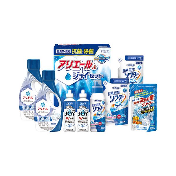 ■商品内容抗菌力に優れたアリエールに本格消臭の抗菌・消臭柔軟剤とW除菌の食器洗い洗剤ジョイをセットしました。■商品スペックメーカー品番 : SAJ-50X セット内容 : P&Gアリエールジェル(700g)・抗菌消臭ソフターEX(詰替)(350g)・P&G除菌ジョイ(170ml)×各2、抗菌消臭ソフターEX・液体洗たく槽クリーナー(各350g)×各1 箱サイズ : 19.3×24.8×28cm 重量 : 4.1kg【商品のリニューアルについて】メーカー都合により、予告なくパッケージデザインおよび仕様（香り等）が変わる場合がございます。予めご了承ください。■送料・配送についての注意事項●本商品の出荷目安は【4 - 6営業日　※土日・祝除く】となります。●お取り寄せ商品のため、稀にご注文入れ違い等により欠品・遅延となる場合がございます。●本商品は仕入元より配送となるため、沖縄・離島への配送はできません。[ B2140037 ]