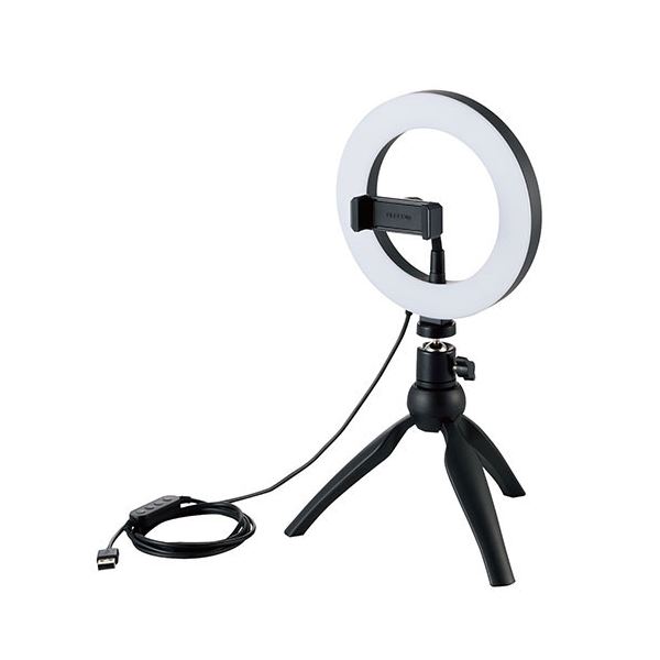 エレコム LEDリングライト 自撮りライト 3色調光 最大640lm 10段階調整 USB-A給電 動画配信 ミニ三脚スタンド付き ボールジョイント付き 16cm DE-L02BK