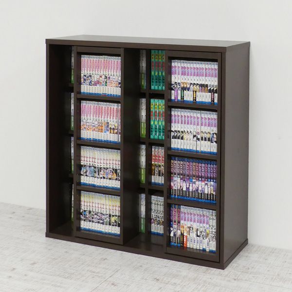 深型スライドシェルフ(CDラック/本棚) ダークブラウン 約幅90cm 前面スライド式 連結金具付き 【組立】 [3]