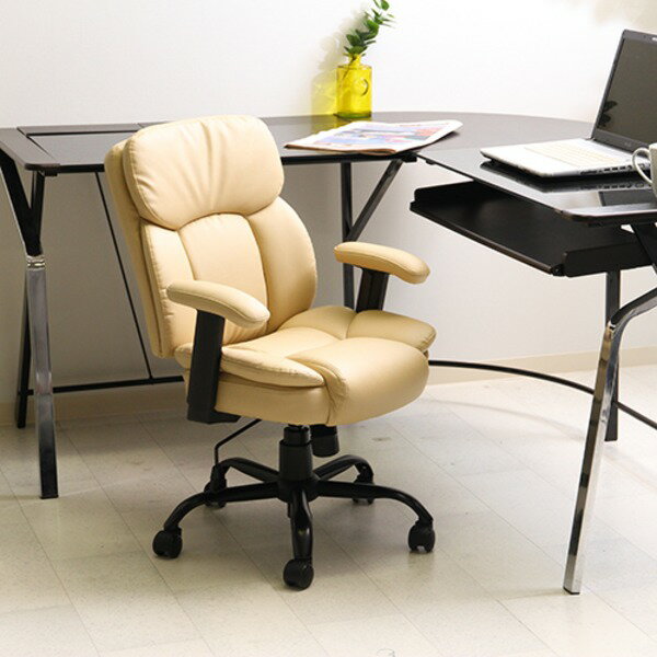 オフィスチェア デスクチェア 約幅60cm アイボリー ハイバック 肘掛け キャスター付 合皮 マンチェスタ..