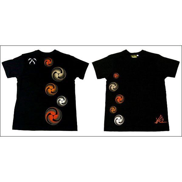 戦国武将Tシャツ 【小早川家 右三つ巴】 XSサイズ 半袖 綿100% ブラック(黒) 〔Uネック おもしろ〕