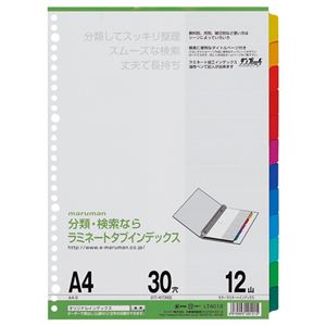 ■サイズ・色違い・関連商品関連商品の検索結果一覧はこちら■商品内容【ご注意事項】・この商品は下記内容×15セットでお届けします。丈夫で長持ちインデックス。■商品スペックサイズ：A4色：12色山数：12山対応穴数：30穴寸法：タテ297×ヨコ219.5mm厚さ：3mm材質：本体:古紙パルプ配合率70%、見出し部分:ラミネート加工重量：130g■送料・配送についての注意事項●本商品の出荷目安は【1 - 5営業日　※土日・祝除く】となります。●お取り寄せ商品のため、稀にご注文入れ違い等により欠品・遅延となる場合がございます。●本商品は仕入元より配送となるため、沖縄・離島への配送はできません。[ LT4012 ]