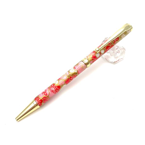 日本製 ハンドメイド ボールペン/文房具 【梅と流水 桃色】 クロスタイプ 芯：0.7mm 美濃和紙 友禅紙 ..