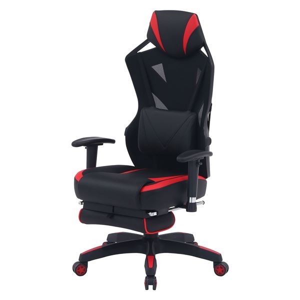 メッシュ ゲーミングチェア レーシングチェア 約幅68.5cm レッド フットレスト付 スチール 肘付き リビ..