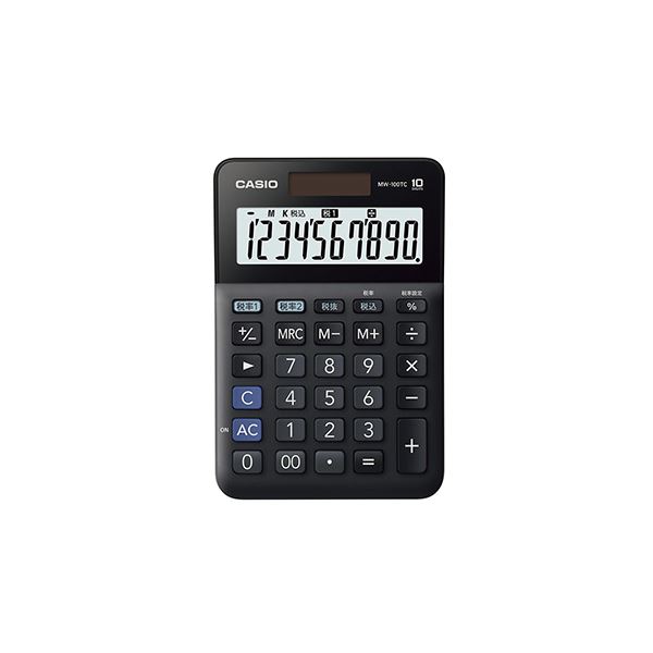 ■サイズ・色違い・関連商品■ブラック[当ページ]■ピンク■ホワイト■商品内容【ご注意事項】この商品は下記内容×5セットでお届けします。カシオ W税率電卓 ミニジャストタイプ 10桁 ブラック■商品スペック●外寸：幅101×奥148.5×高27.6mm●重量：110g●桁数：10桁●表示数字高：17mm●1メモリ●電源：太陽電池+CR2032●W税率●数字が見やすい傾斜表示タイプ■送料・配送についての注意事項●本商品の出荷目安は【1 - 4営業日　※土日・祝除く】となります。●お取り寄せ商品のため、稀にご注文入れ違い等により欠品・遅延となる場合がございます。●本商品は仕入元より配送となるため、沖縄・離島への配送はできません。[ MW-100TC-BK-N ]