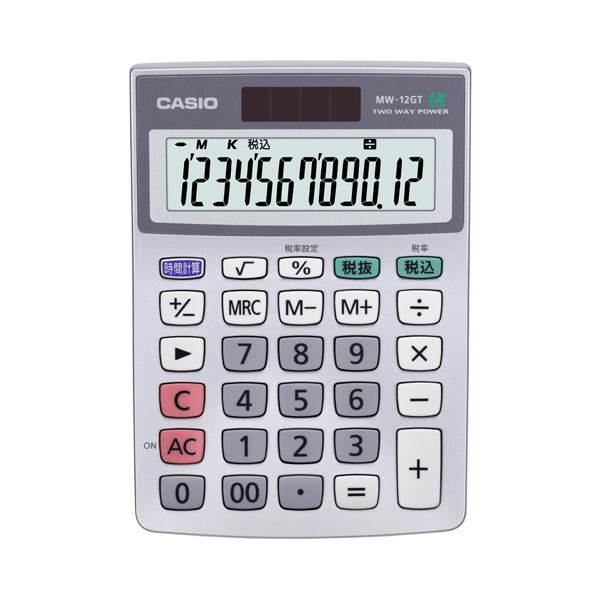 ■商品内容【ご注意事項】・この商品は下記内容×10セットでお届けします。●表示部に傾斜が付いた見やすいタイプ●ソーラ・電池2電源●計算状態表示●早打ち対応●税計算●保証期間1年■商品スペック桁数：12桁寸法：W103×D145×H30.7mm質量：110g色：ホワイトメモリー：1機能：税計算、時間計算、特大表示、計算状態表示、早打ち対応、プラキー、3桁位取り表示部：傾斜電源：ソーラー・電池2電源電池寿命：約7年(1日1時間使用時)保証期間：1年備考：※重量は電池込み。■送料・配送についての注意事項●本商品の出荷目安は【1 - 7営業日　※土日・祝除く】となります。●お取り寄せ商品のため、稀にご注文入れ違い等により欠品・遅延となる場合がございます。●本商品は仕入元より配送となるため、沖縄・離島への配送はできません。[ MW-12GT-N ]