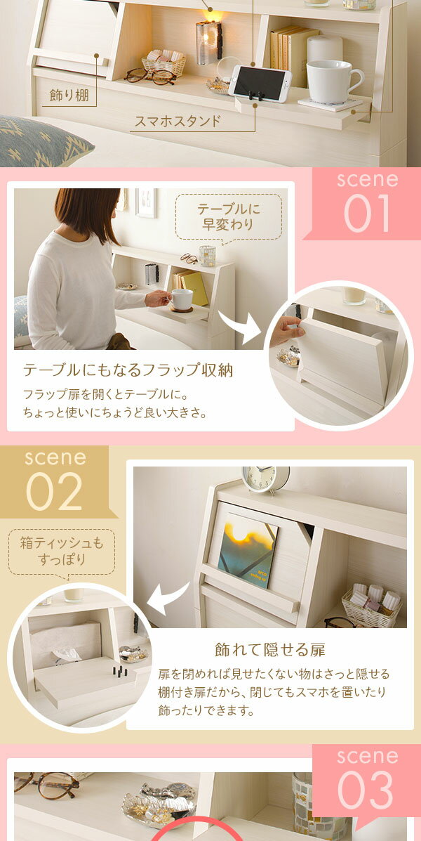 ベッド 日本製 収納付き 引き出し付き 木製 照明付き 棚付き 宮付き 『Lafran』 ラフラン セミダブル 日本製ボンネルコイルマットレス付き ホワイト 【代引不可】 [3]