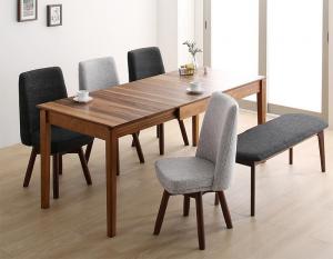 回転イス付き ウォールナット3段階伸縮ダイニングセット 6人 6点セット(テーブル+チェア4脚+ベンチ1脚) W120-180 組立設置付