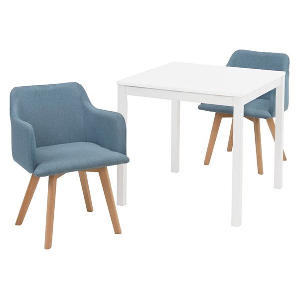 ダイニング 3点セット テーブル 75×75cm 正方形 ホワイト×1 肘付きチェア ブルー×2 木製 組立品 リビング キッチン【代引不可】