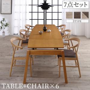 天然木オーク材 スライド伸縮式ダイニングセット 6人 7点セット(テーブル+チェア6脚) W140-240 組立設置付