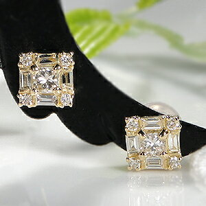 ピアス K18YG【0.4ct】バケットカット ダイヤモンド ピアス シリコンダブルロックキャッチ18金 ゴールド ダイヤピアス イエローゴールド ダイア 代引手数料無料 送料無料 品質保証書 スタッドピアス ジュエリー ギフト ご褒美 スクエア 四角　バケット プリンセス