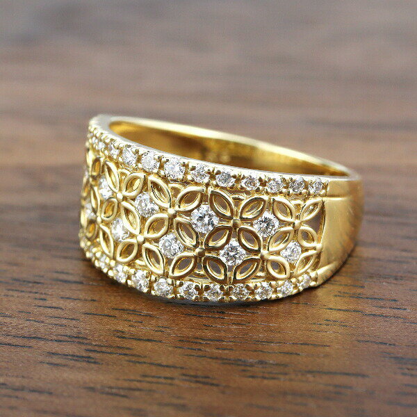 K18 ダイヤモンド 透かし フラワー レース リング 指輪 ゴールド 花 模様 18金 18k 天然 ダイヤ 上品 レディースアクセサリー Women's Jewelry Ladies 贈り物 ゴールドリング 幅広 誕生石 4月 天然ダイヤモンド イエローゴールド YG クローバー 四つ葉 四葉 高級感 華奢