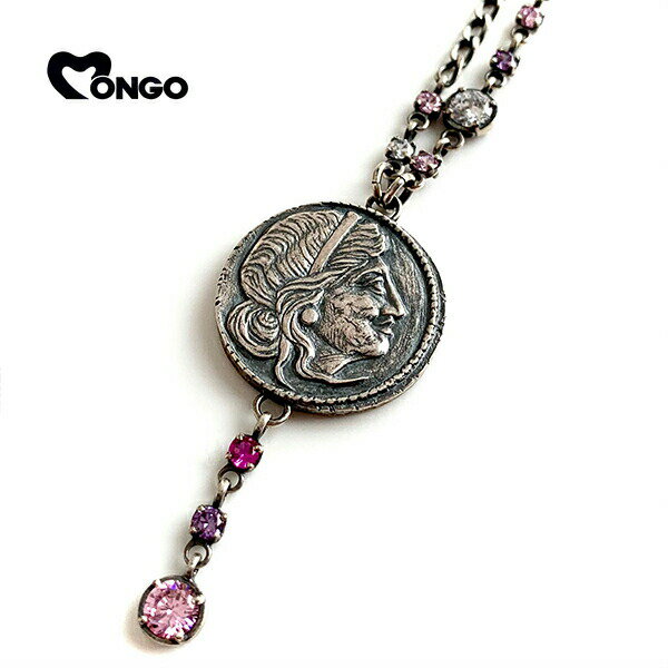 MONGO 女神 コイン ネックレス チェーン付き シルバー ジルコニア ピンク ビンテージ アンティーク シルバーネックレス 銀 シルバー925 個性的 彼氏 シンプル ブランド 誕生日 人気 メンズ プレゼント 男性 ペンダント 女性 レディース